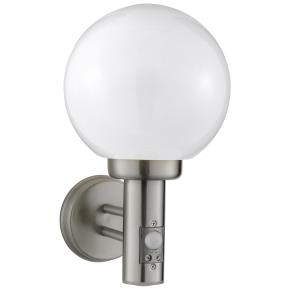 Orb Lantern Outdoor Wall Light- Stainless Steel, White Shade c/w PIR