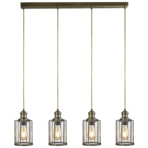 Pipes 4 Light Bar Pendant Light - Antique Brass & Seeded Glass